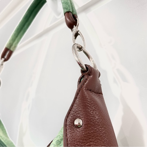 SHARIF 1827 GREEN & BROWN HANDBAG LEATHER TRIM WITH LAMINATE AND POUCH NWOT - Picture 10 of 15